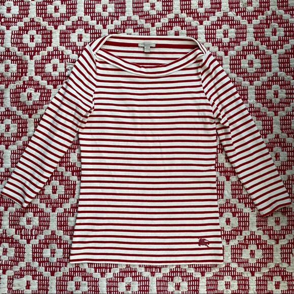 BURBERRY cream and red striped boatneck 3/4 sleeve top S - Picture 3 of 13